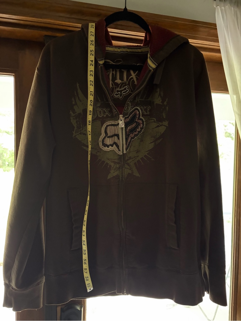 Fox Men's Brown Zip-Up Hoodie Sweater with Maroon Lining